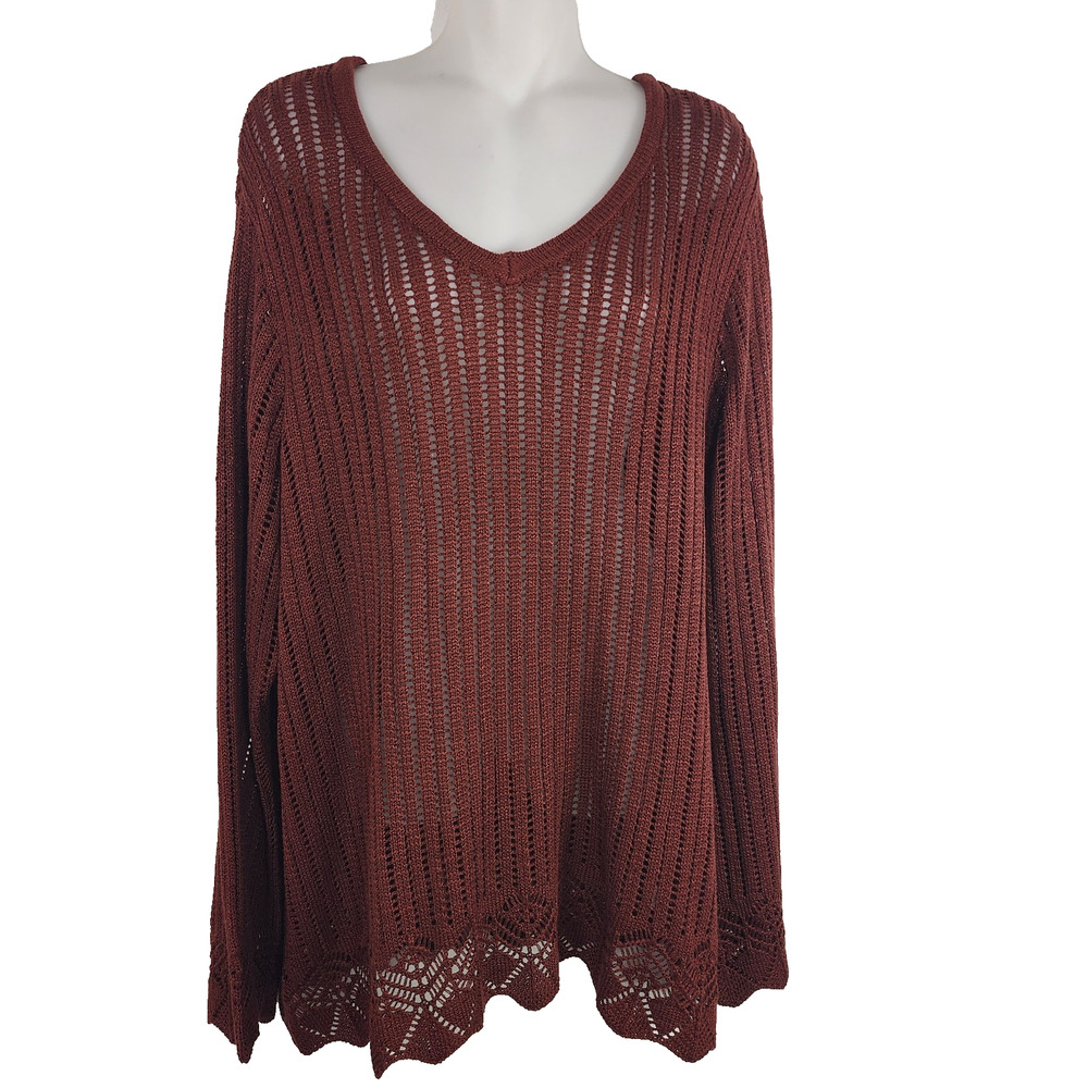 Maurices Womens Open Stitch Bell Sleeve Sweater Brown Ruby 2X Pullover Scalloped